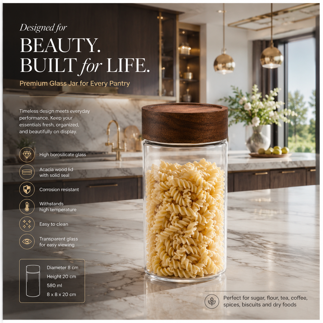 Set of 2 Borosilicate Sealed Glass Jars with Acacia Wood Lids – 580ml Each