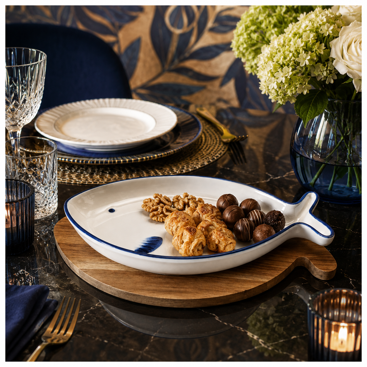 Fish Shaped Snack Serving Platter with Wooden Tray – Ceramic & Acacia Wood Serveware Set