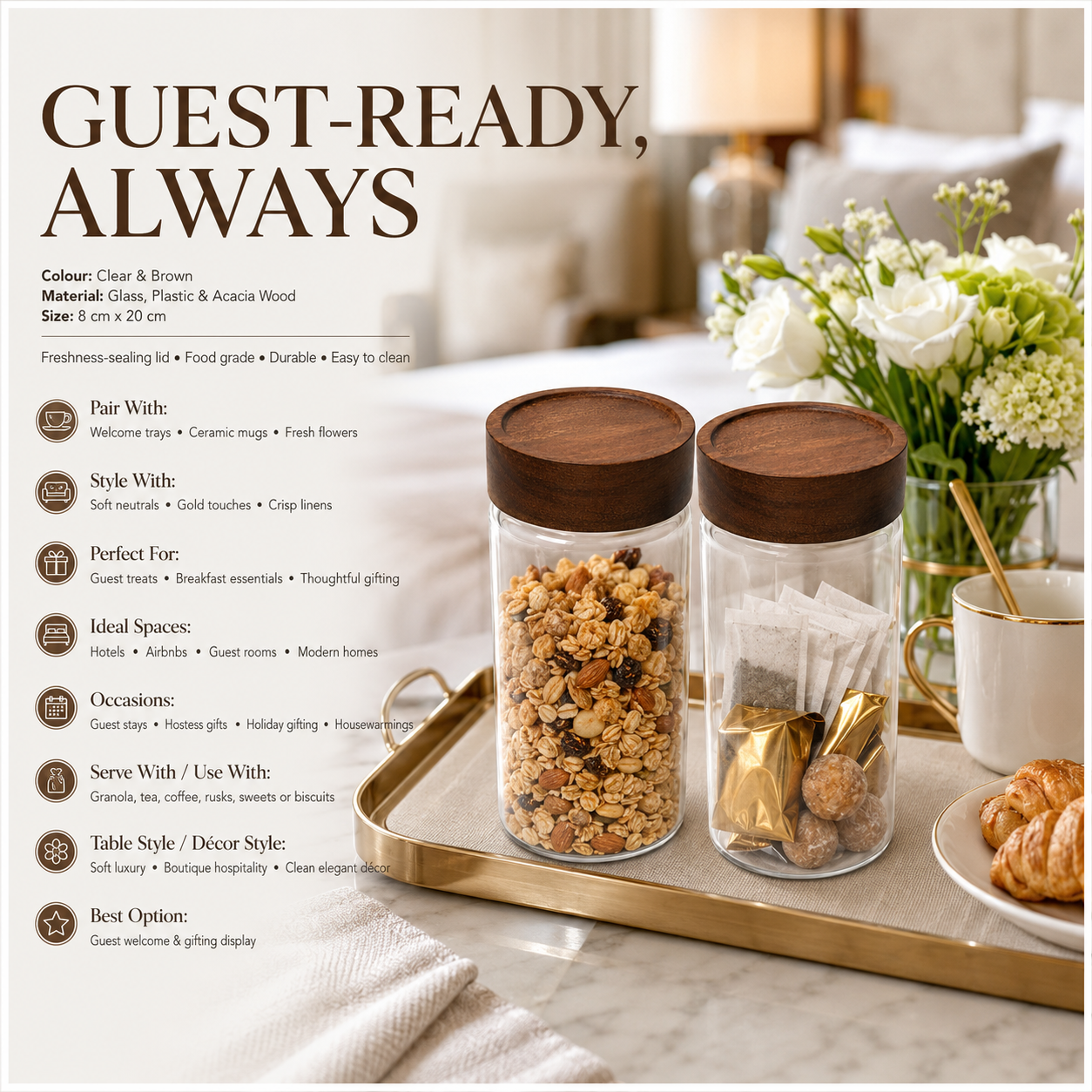 Set of 2 Borosilicate Sealed Glass Jars with Acacia Wood Lids – 580ml Each