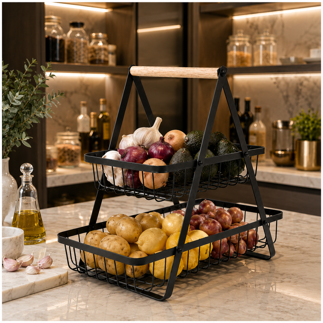 2 Tier Basket Organizer-Rack for Fruits, Vegetables and Everyday Essentials