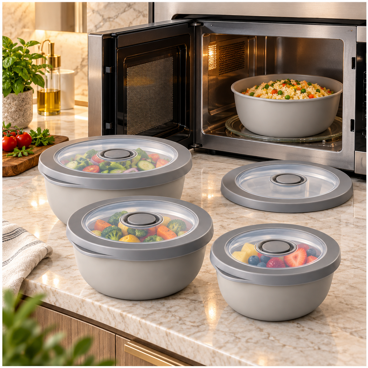 Airtight Round Food Storage Container Set of 4 – Grey, Clear Lids, BPA-Free