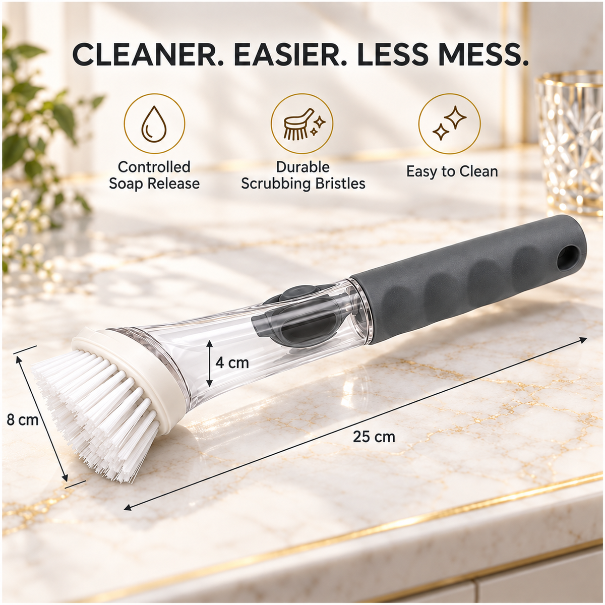 Essential Soap-Dispensing Dish Brush with Soft-Grip Handle – Grey