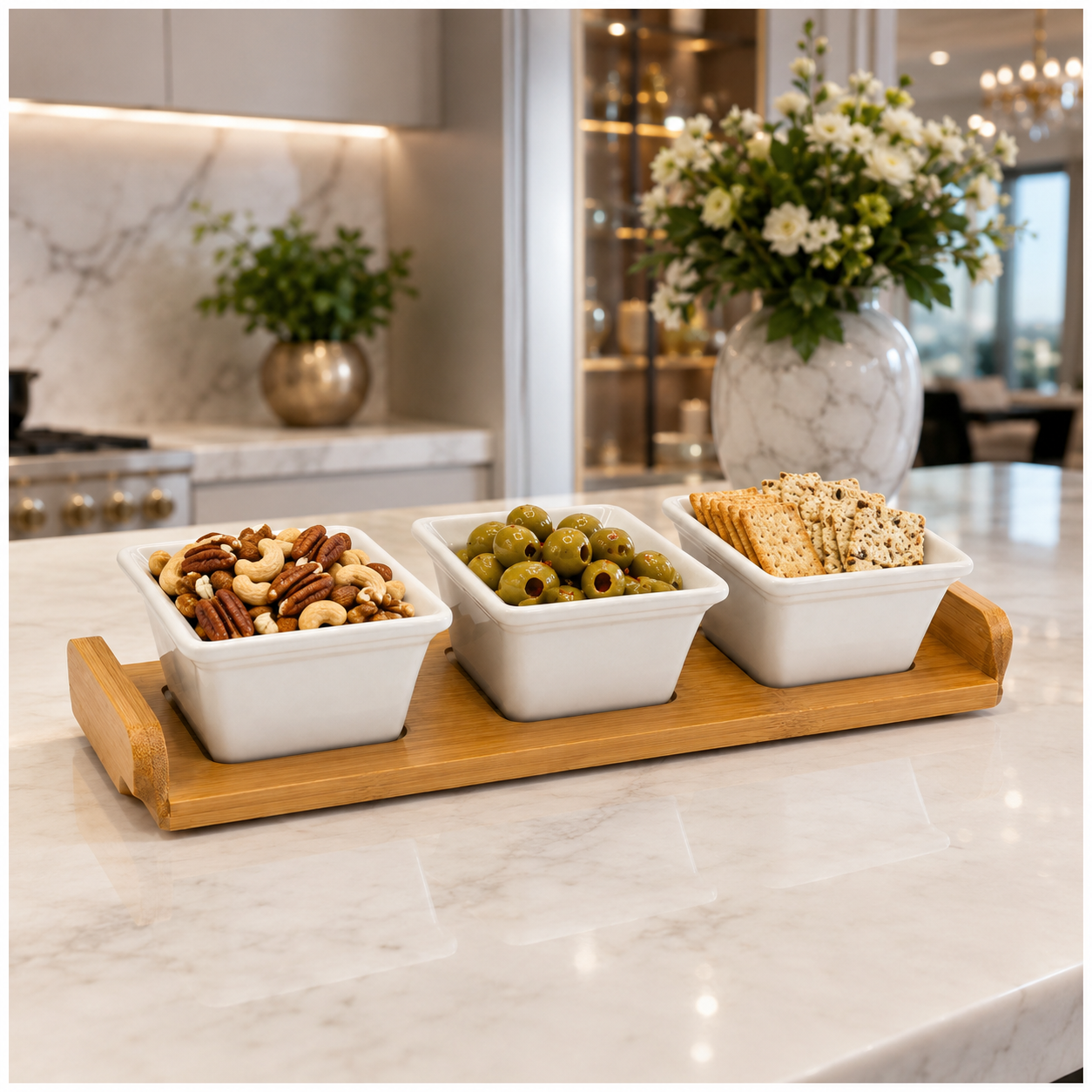 Elegant 4-Piece Ceramic Snack Serving Bowls with Bamboo Tray- 33 x 12 cm