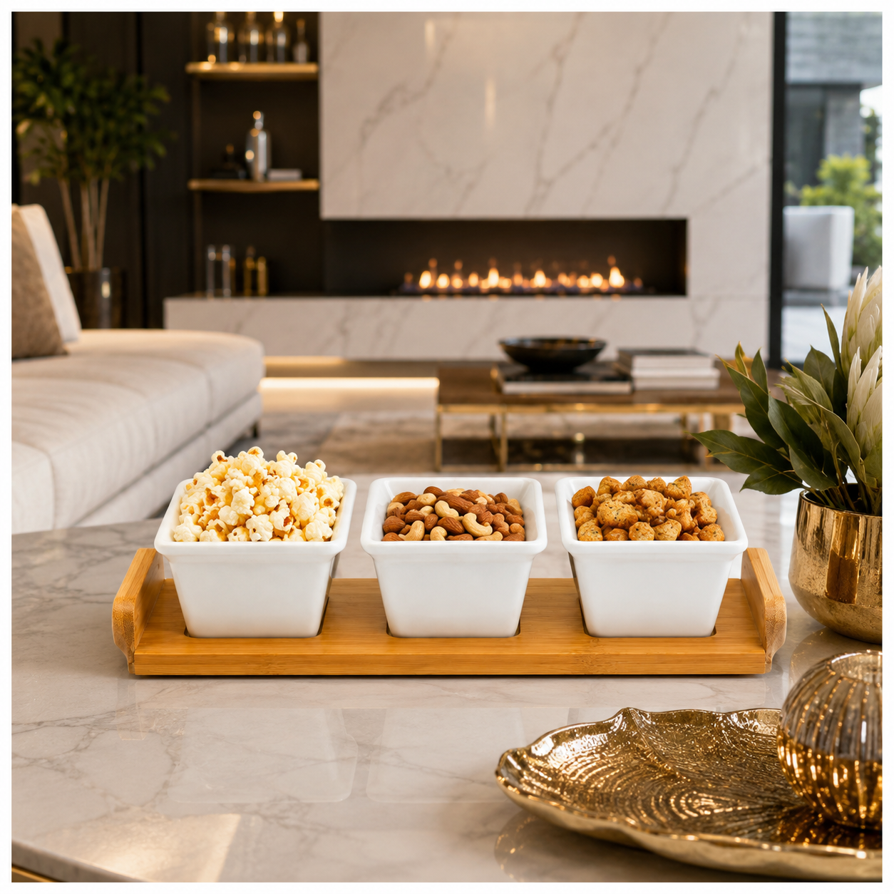 Elegant 4-Piece Ceramic Snack Serving Bowls with Bamboo Tray- 33 x 12 cm
