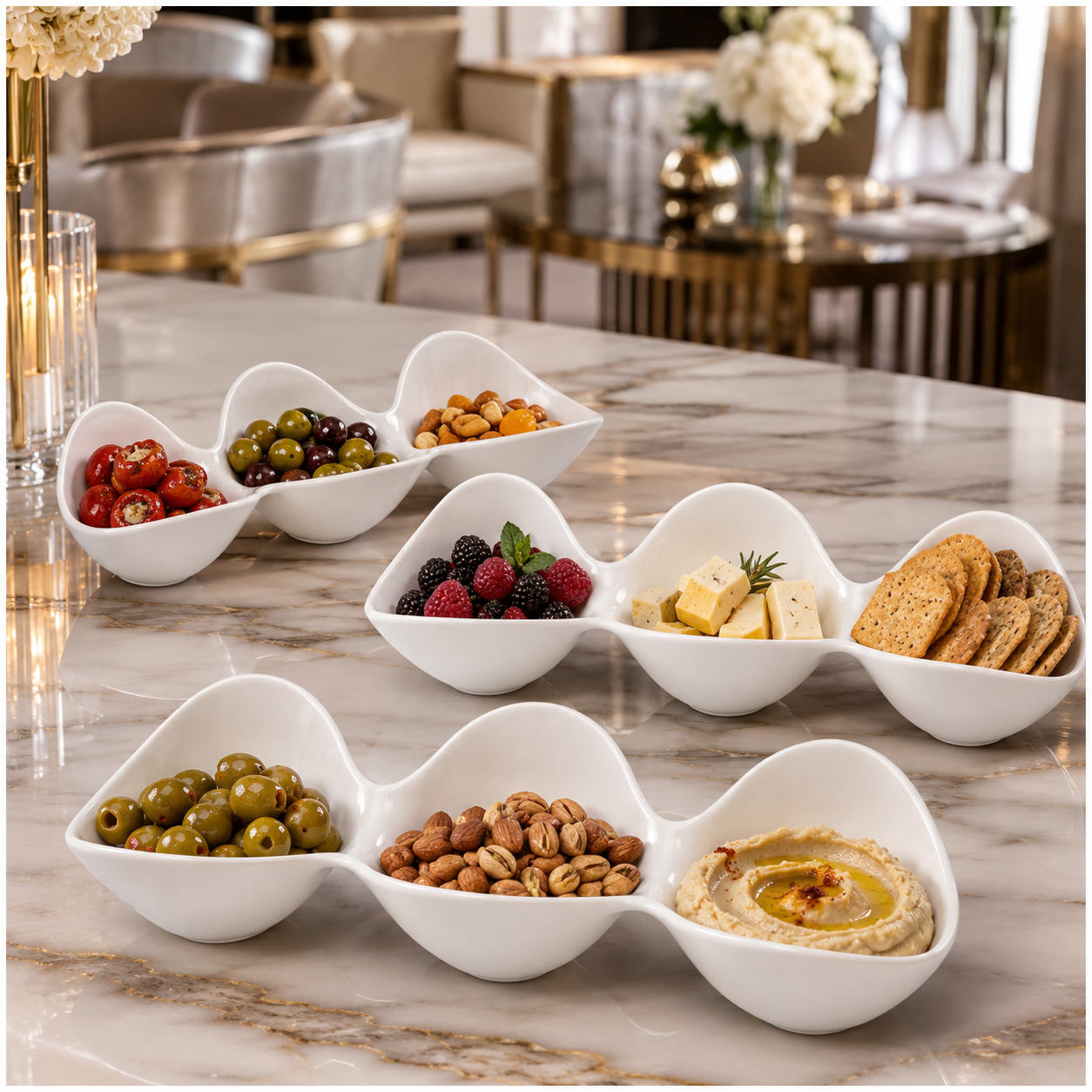 3-Piece White Melamine Triple Bowl Serving Set – 3 x 3-Compartment Bowls