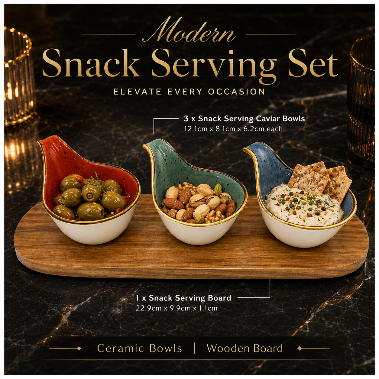Beautiful 4-Piece Ceramic Snack Serving Bowl Set with Acacia Wood Board