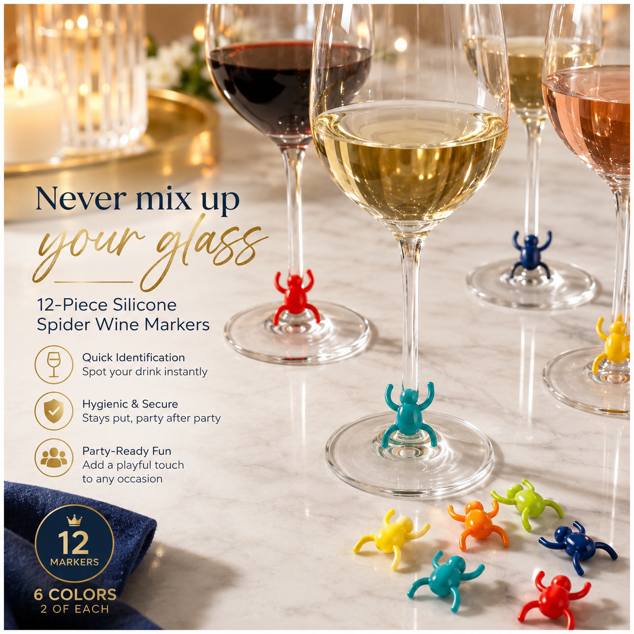 Charming 12-Piece Silicone Spider Wine Glass Marker Set - Multicolour