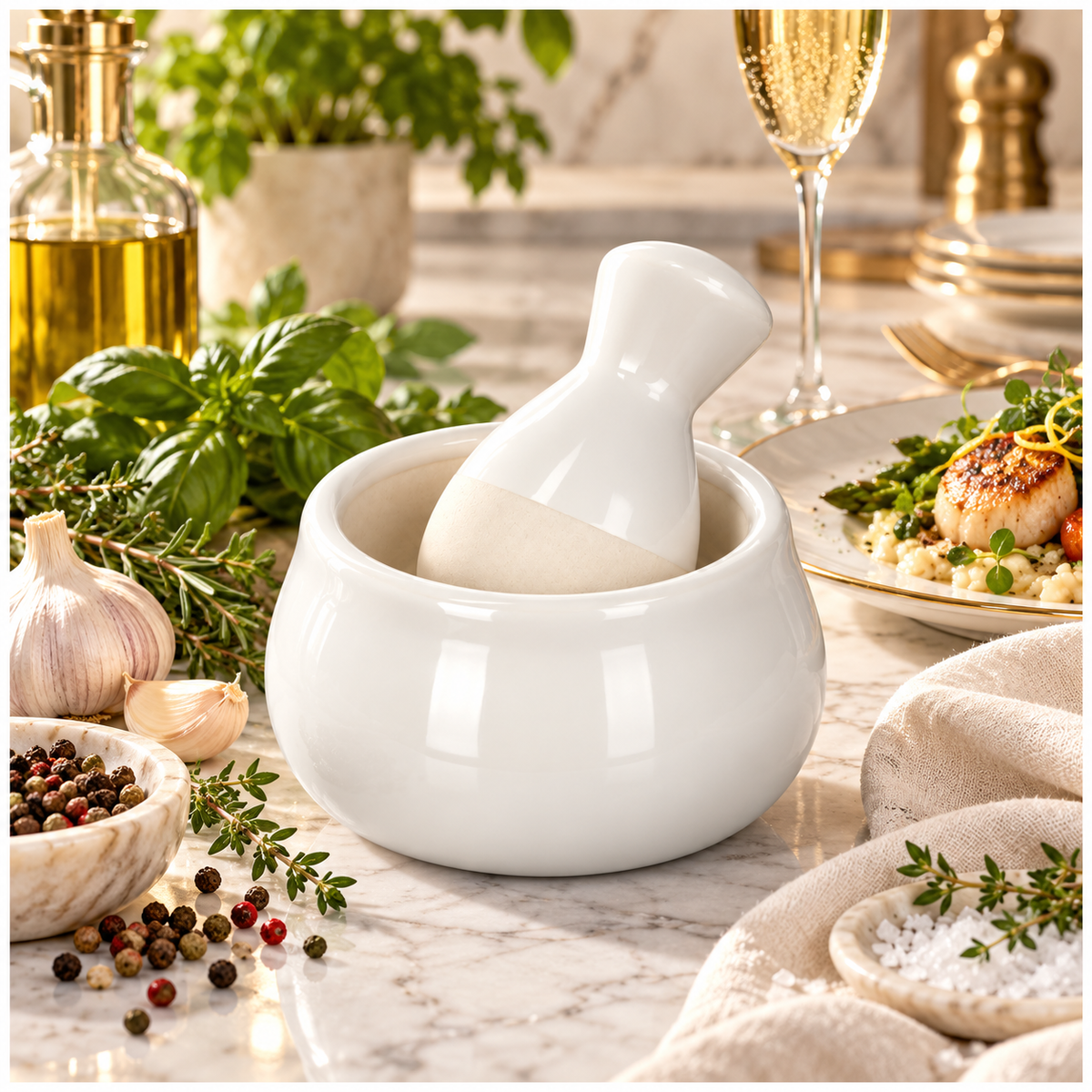 Mini Ceramic Mortar and Pestle Set - White Cream - Herb and Spice Grinder
