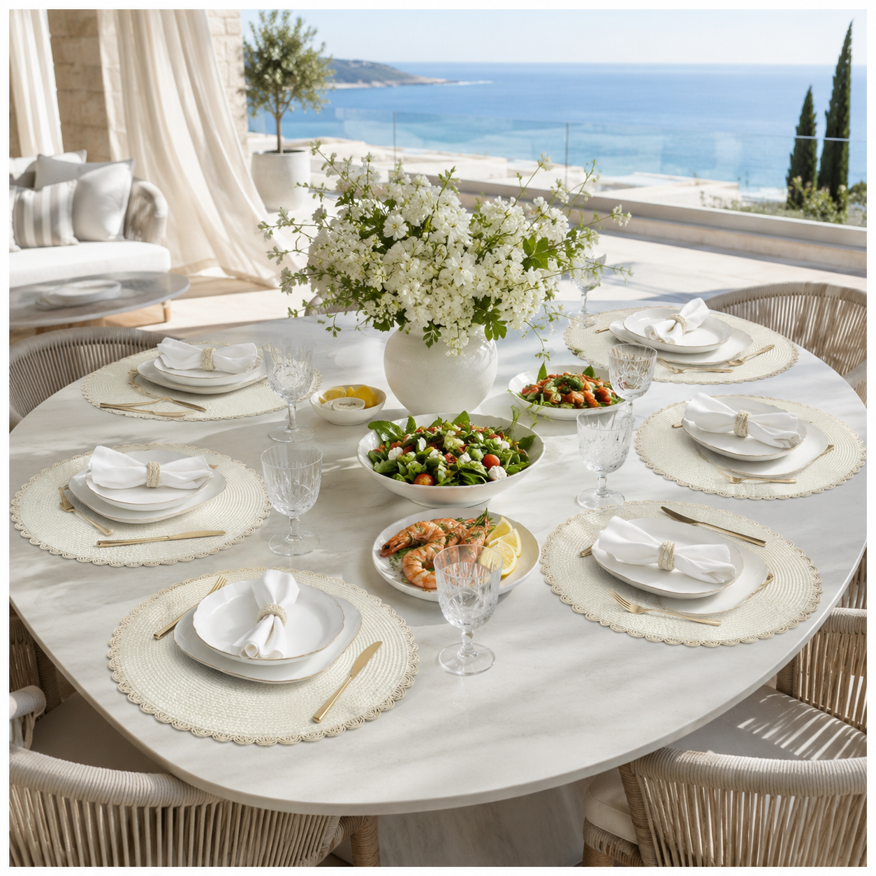 6-Piece Round Woven Straw Placemats with Scalloped Edge – 38cm