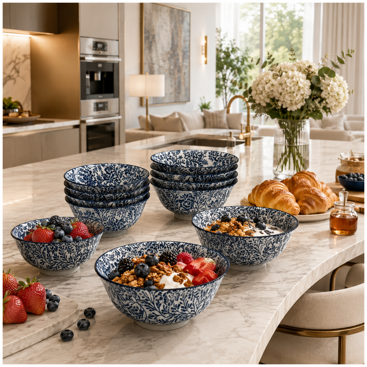 Elegant 10-Piece Blue White Porcelain Bowl Set - Beautiful Floral Serveware