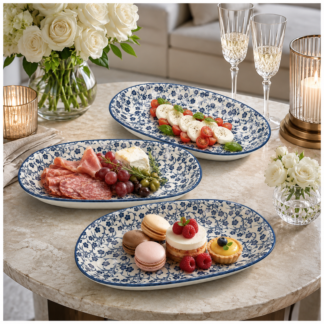 Elegant Blue and White Ceramic Serving Platter Set – Set of 3 - 30 cm