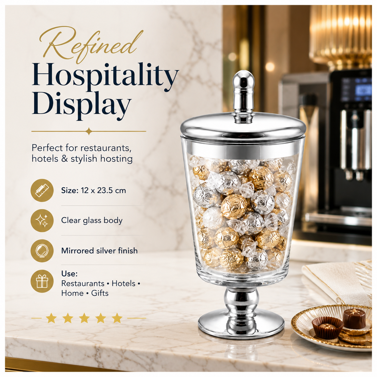 Elegant Decorative Glass Jar with Mirrored Silver Lid and base – 23.5cm