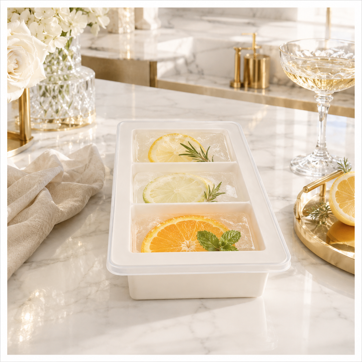 3-Cavity Silicone Ice Cube Tray with Sealing Lid – Cream - 24 cm