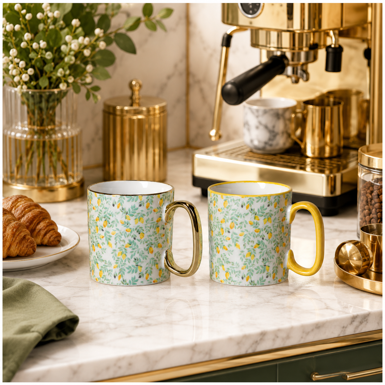 2-Piece Floral Porcelain Coffee Mug Set–Elegant Hot and Cold Beverage Mugs