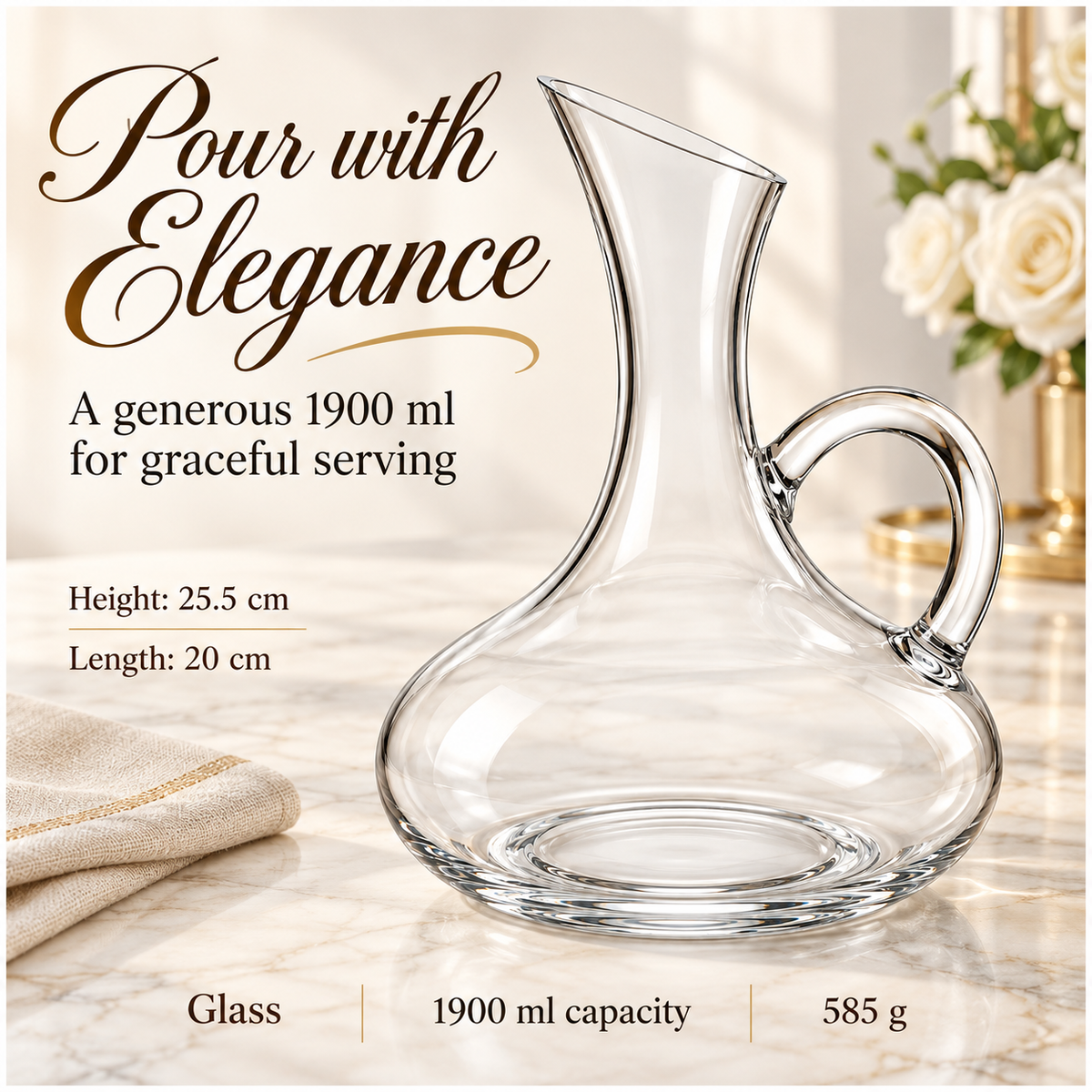 Clear Glass Decanter with Handle - 1900ml Elegant Table Serving Carafe