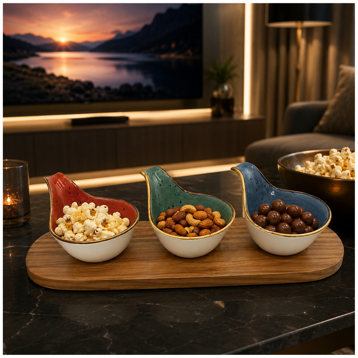 Beautiful 4-Piece Ceramic Snack Serving Bowl Set with Acacia Wood Board