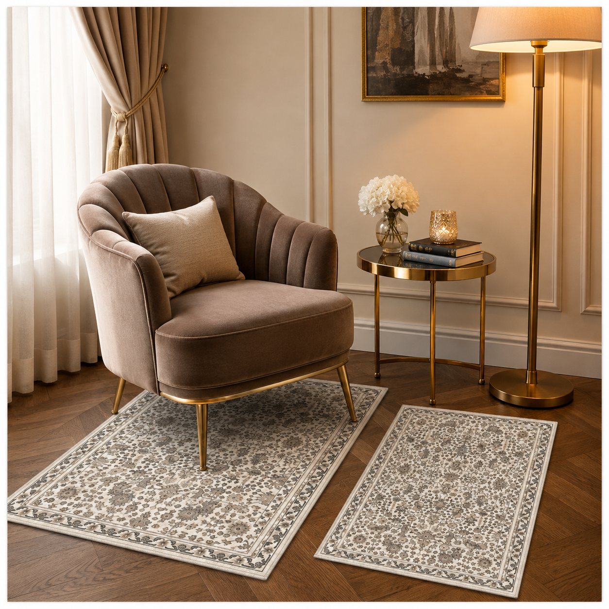 2-Piece Accent Persian Carpet Set–Charcoal Grey and Ivory-50x84cm-60x102 cm