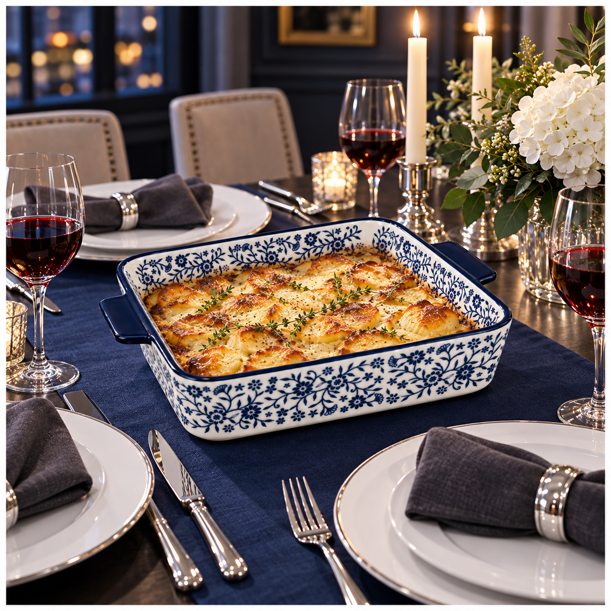 Elegant Blue and White Floral Porcelain Baking Dish with Handles - 29.5cm