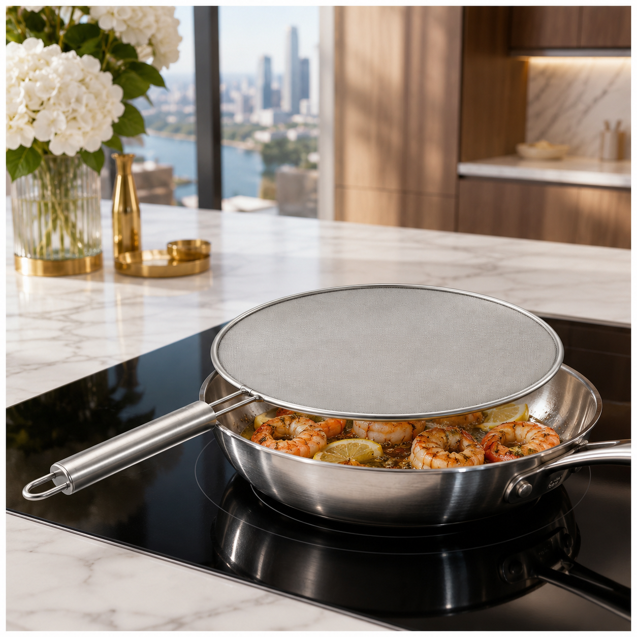 Stainless Steel Splatter Screen with Easy-Grip Handle – 33cm