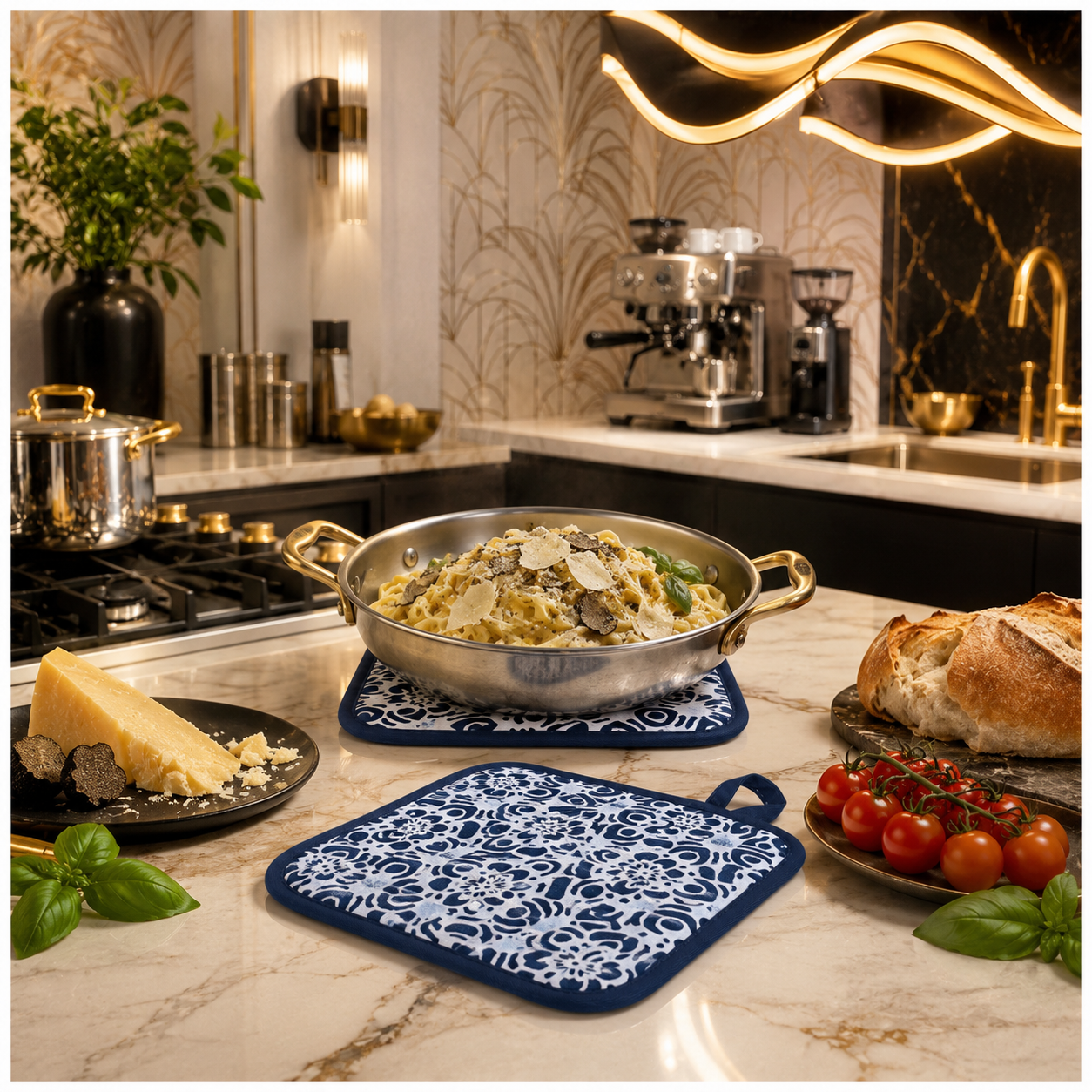 2-Piece Heat-Resistant Cotton Kitchen Potholder Set –Blue and White- 20 cm