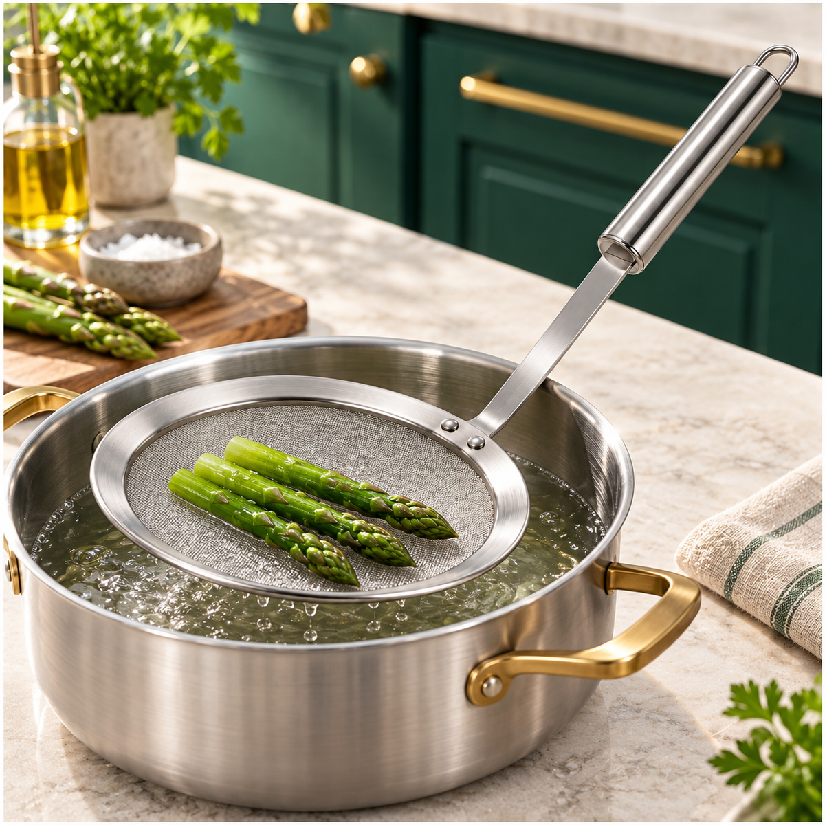 Stainless Steel Fine Mesh Strainer and Skimmer - Long Round Handle Silver