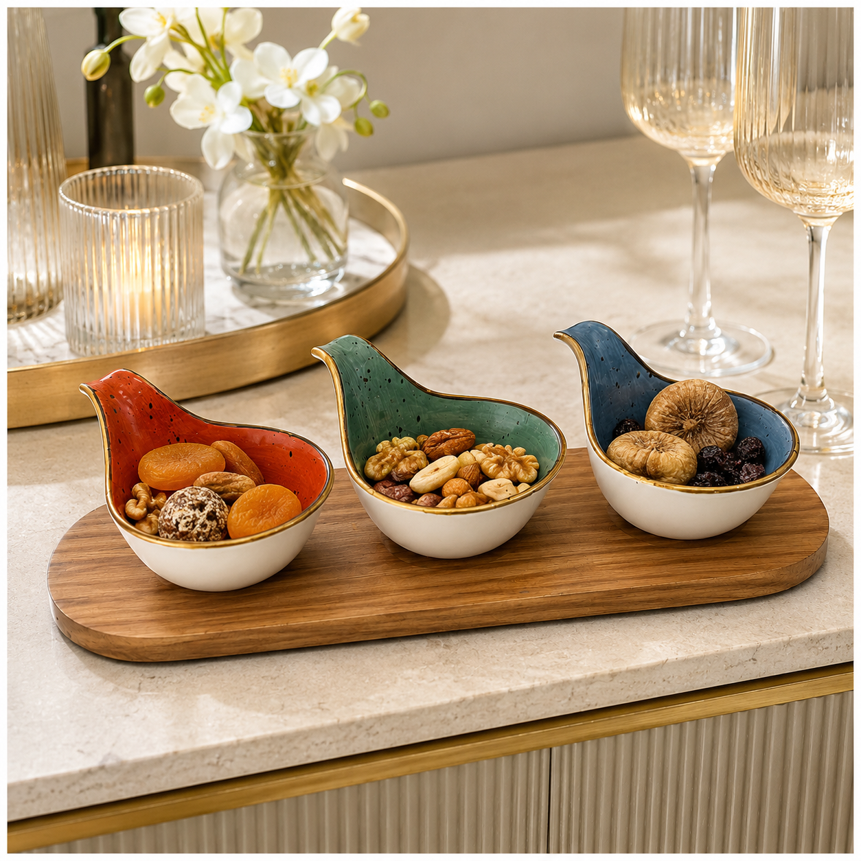 Beautiful 4-Piece Ceramic Snack Serving Bowl Set with Acacia Wood Board