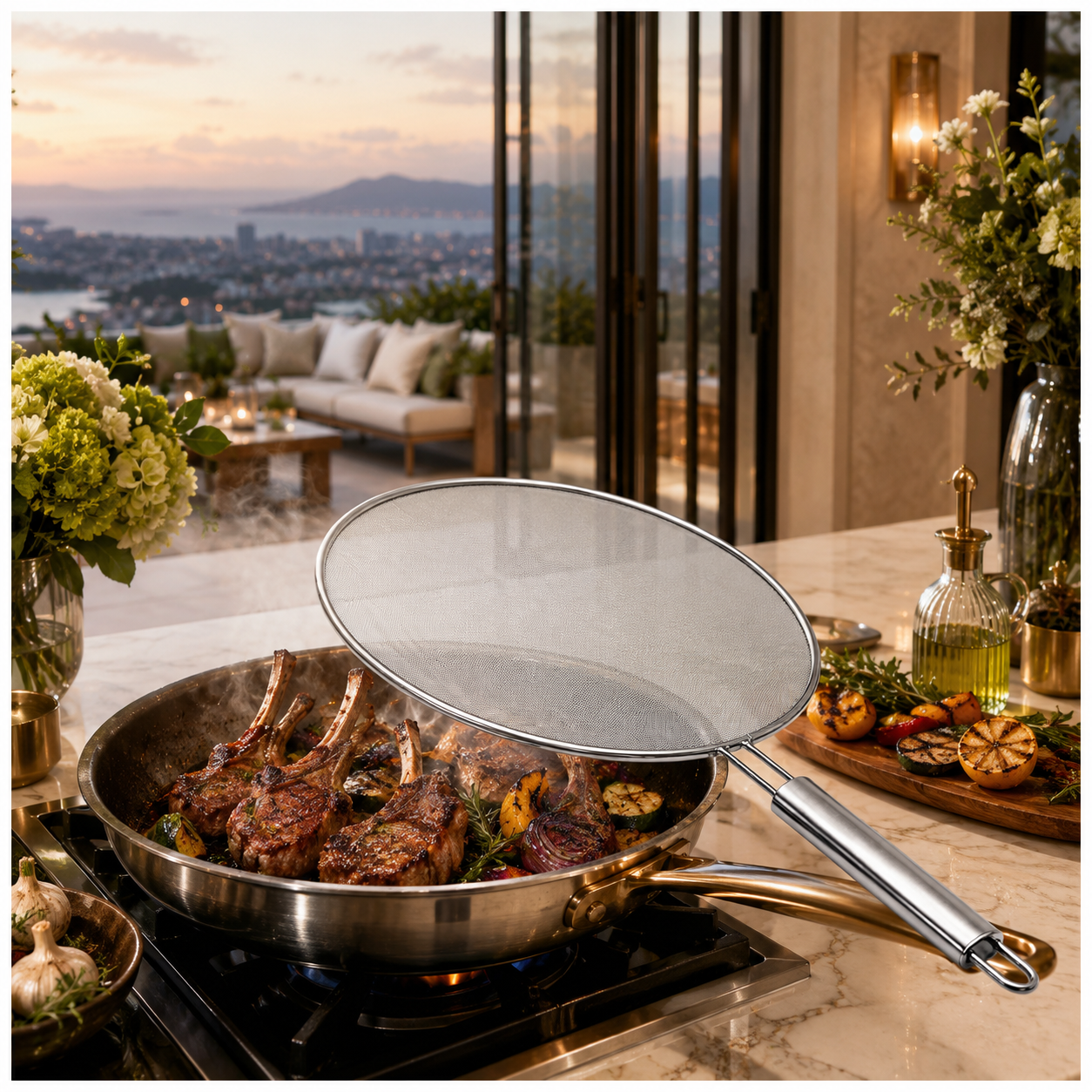 Stainless Steel Splatter Screen with Easy-Grip Handle – 33cm
