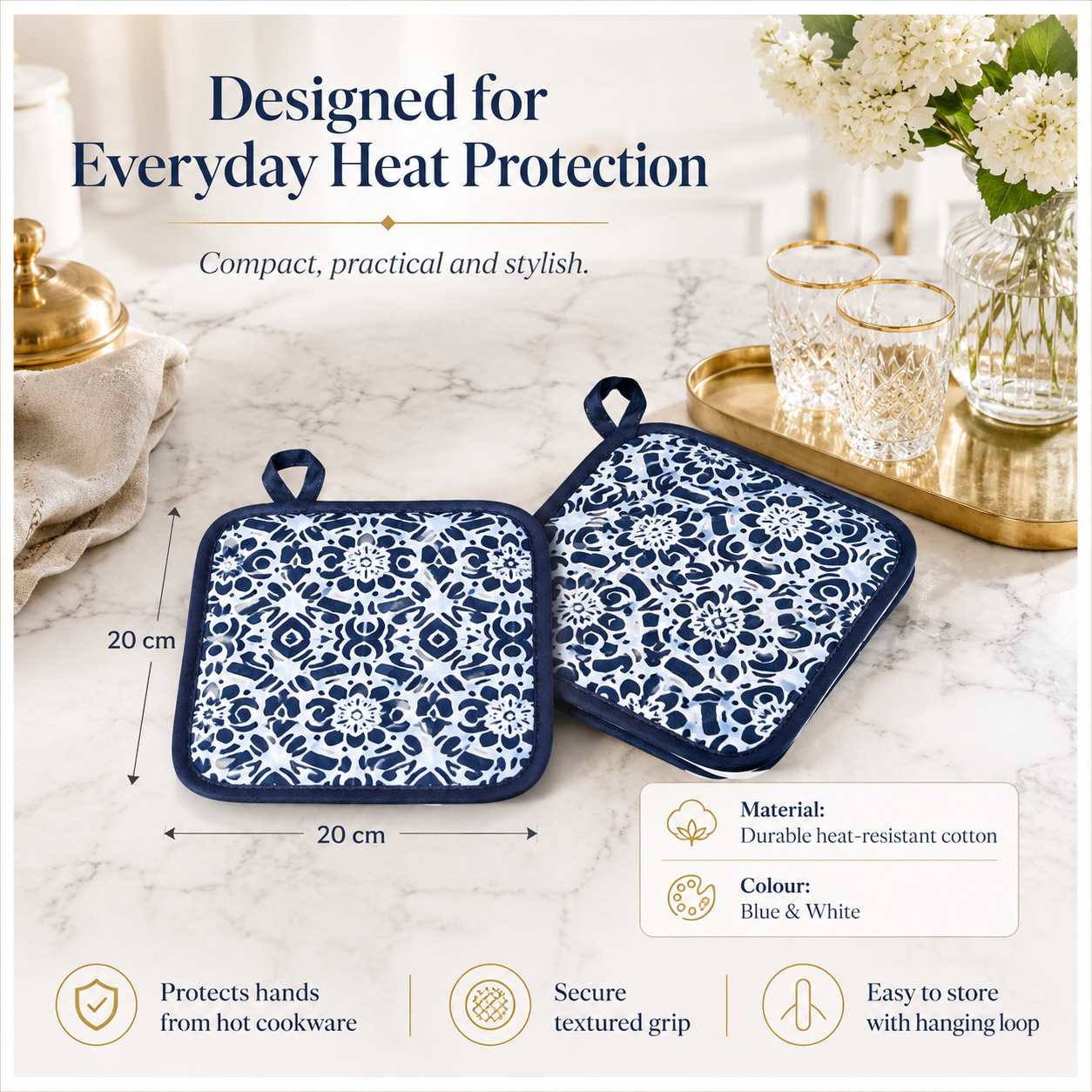 2-Piece Heat-Resistant Cotton Kitchen Potholder Set –Blue and White- 20 cm