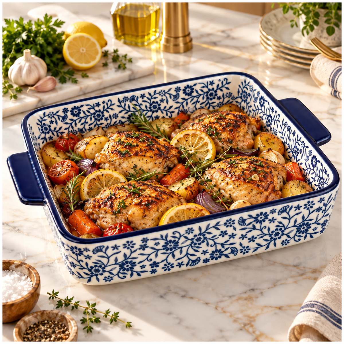 Elegant Blue and White Floral Porcelain Baking Dish with Handles - 29.5cm