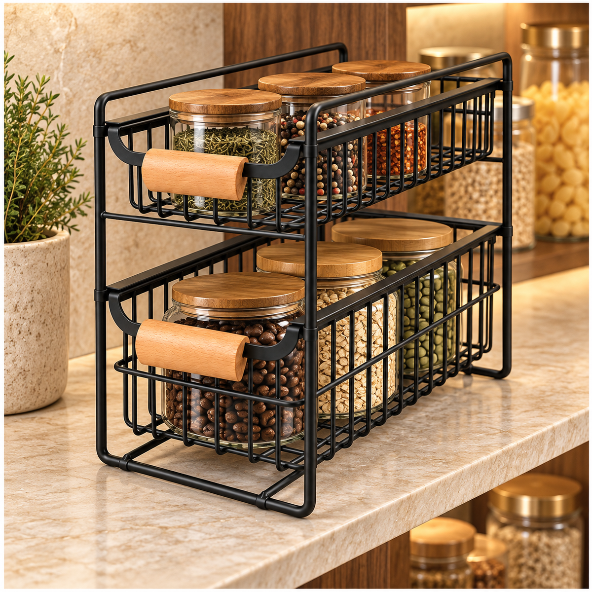 2-Tier Iron Drawer Organiser with Beechwood Handles for Convenient Storage