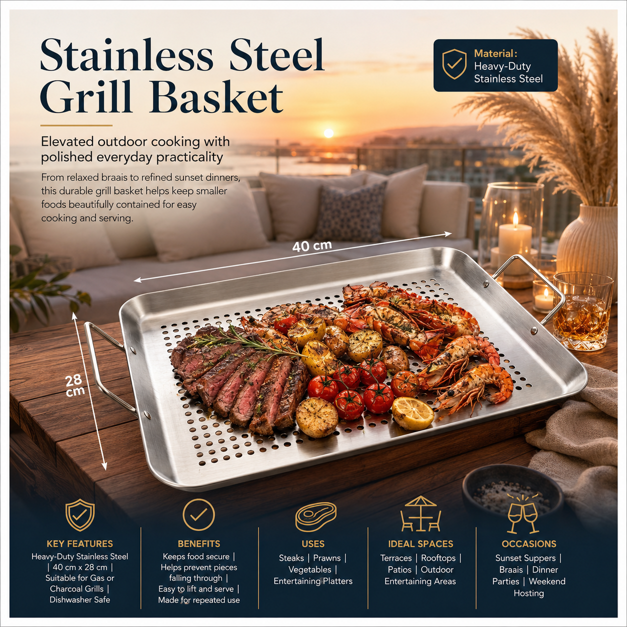 Heavy-Duty Stainless Steel Grill Basket with Handles for Braais – 40 x 28cm