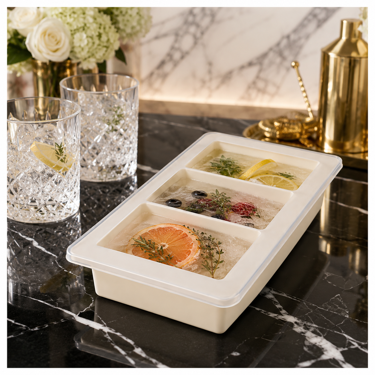 3-Cavity Silicone Ice Cube Tray with Sealing Lid – Cream - 24 cm