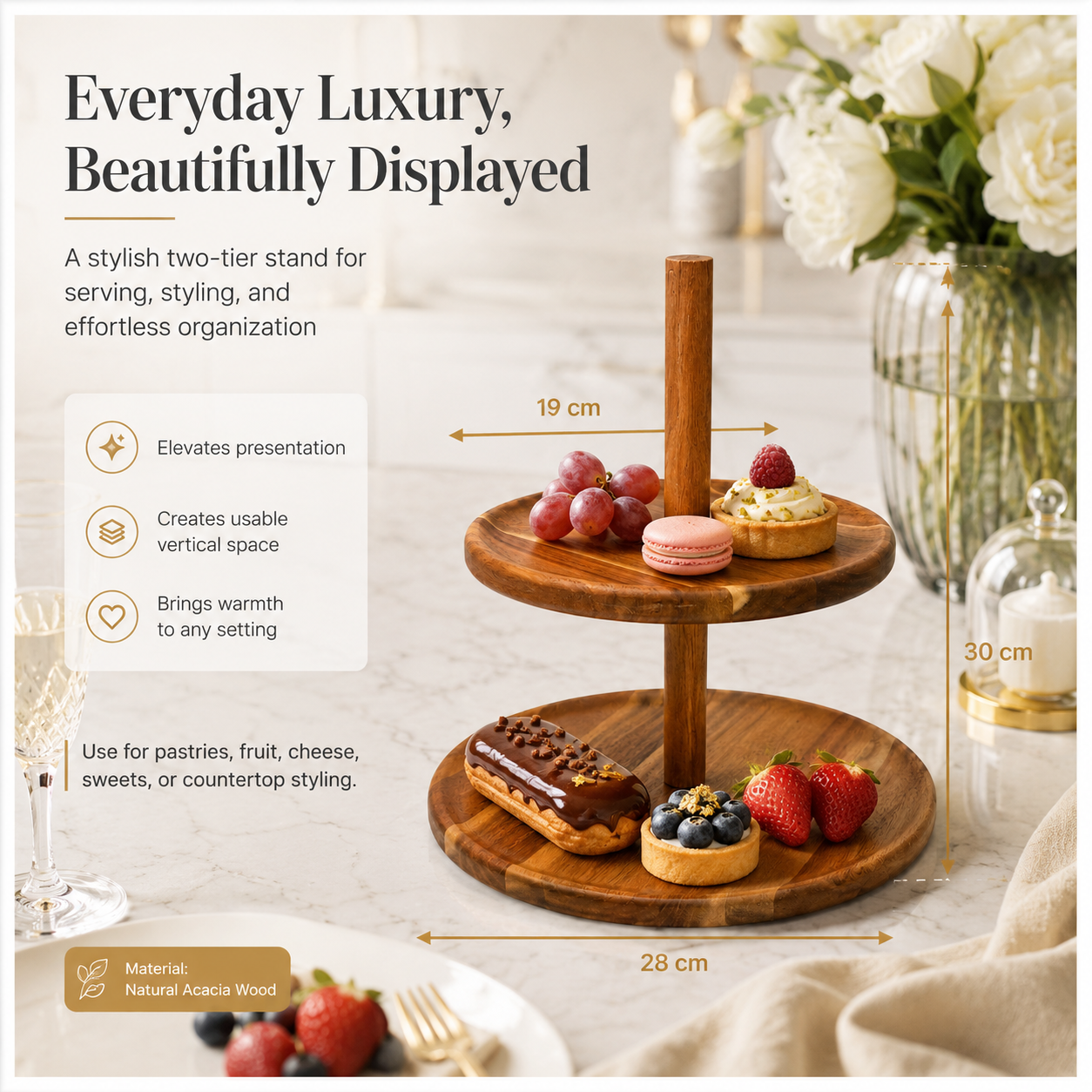 Natural Acacia 2-Tier Round Serving Platter - Wooden Display Stand - 28cm