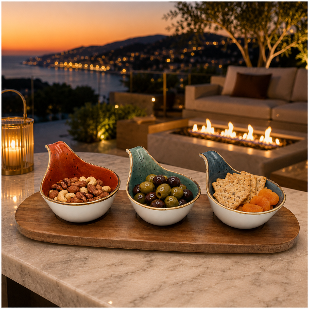 Elegant 3-Piece Ceramic Snack Bowl Set with Acacia Wood Serving Board