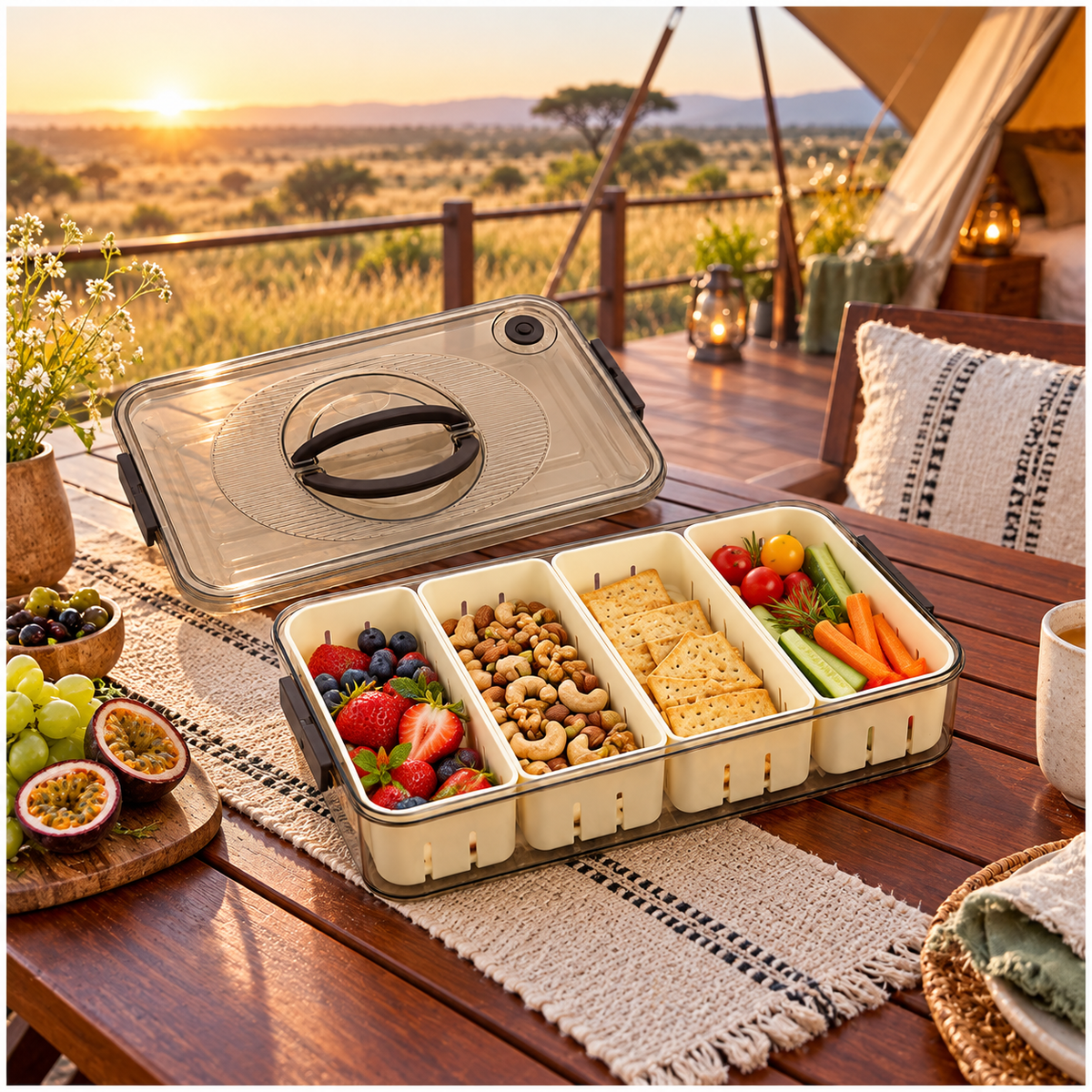 Portable 4-Compartment Snack Platter for Home, Picnics, Parties and Travel