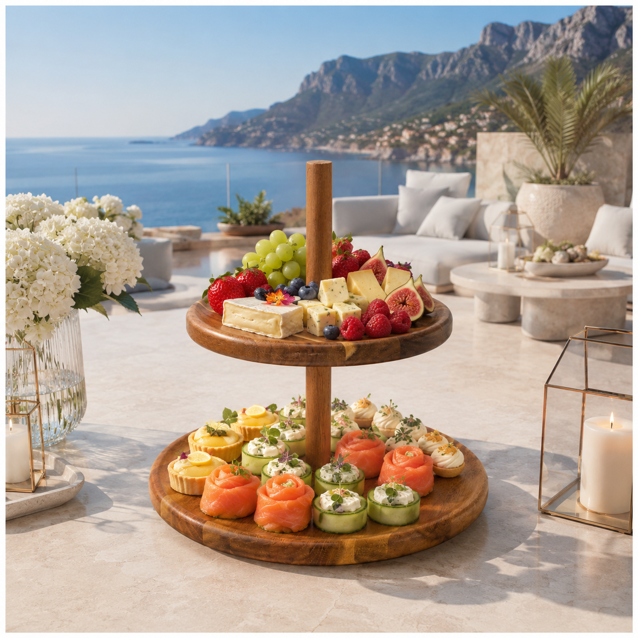 Natural Acacia 2-Tier Round Serving Platter - Wooden Display Stand - 28cm