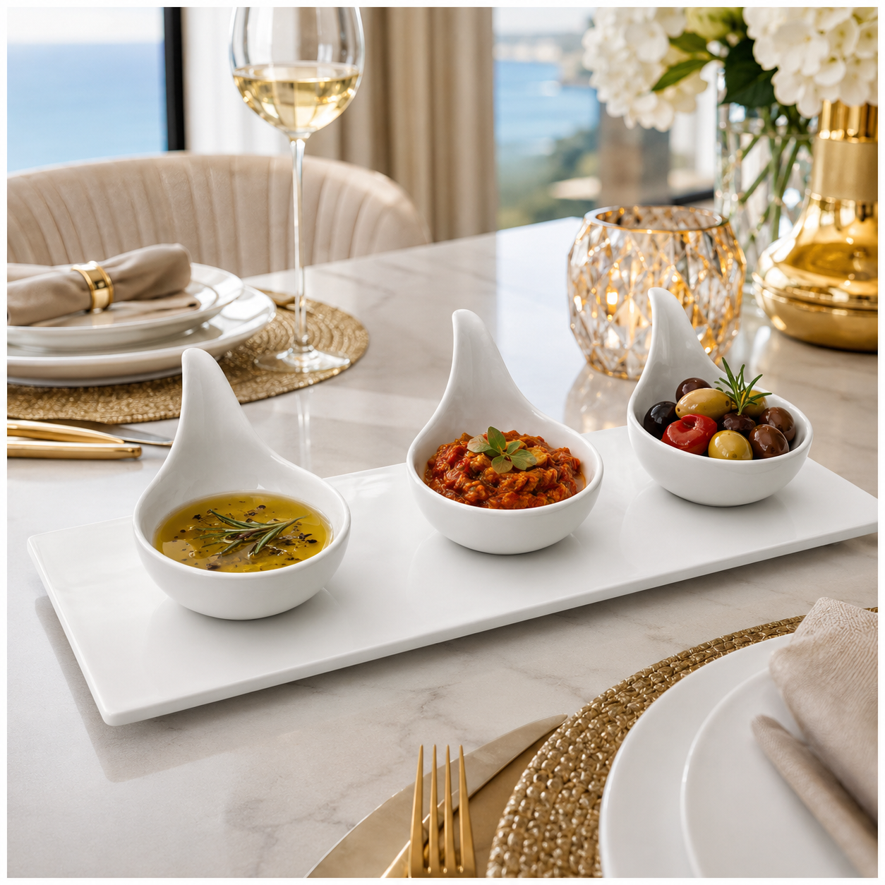Luxury 3-Piece High Quality Fine Porcelain Serving Bowl and Tray Set- White