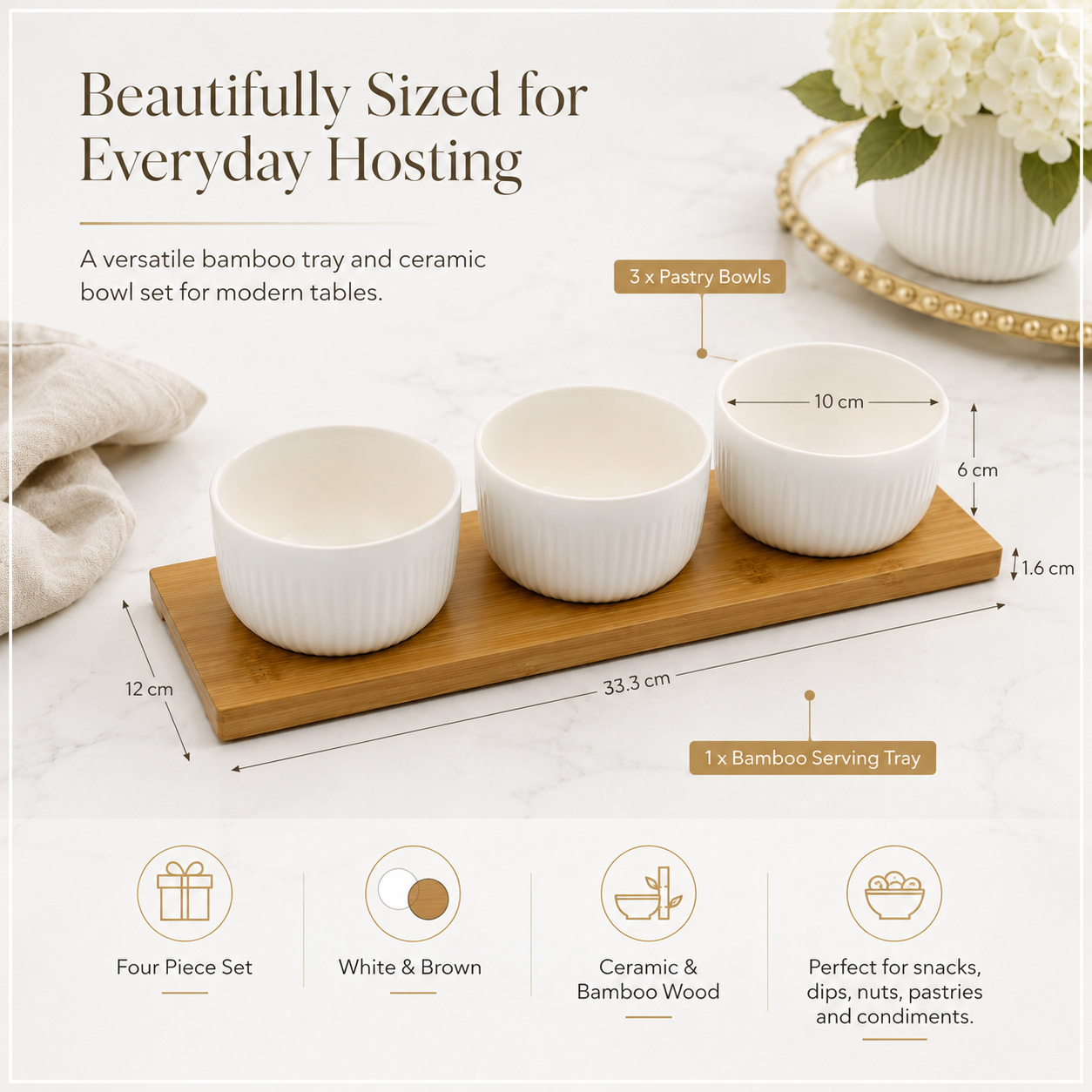 Elegant 4 Piece Bamboo Tray and Ceramic Pastry Bowls -Classic Serveware Set