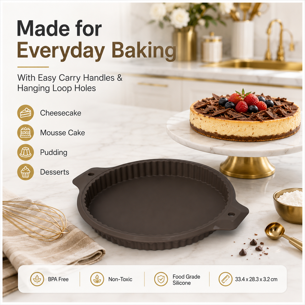 Essential Round Fluted Tart and Quiche Mold -33.4 x 28.3 x 3.2cm - BPA free