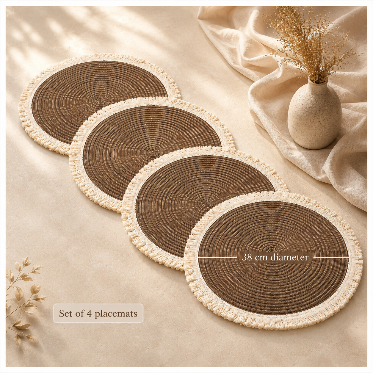 Essential 4-Piece Round Woven Fringe Placemat Set – 38 cm