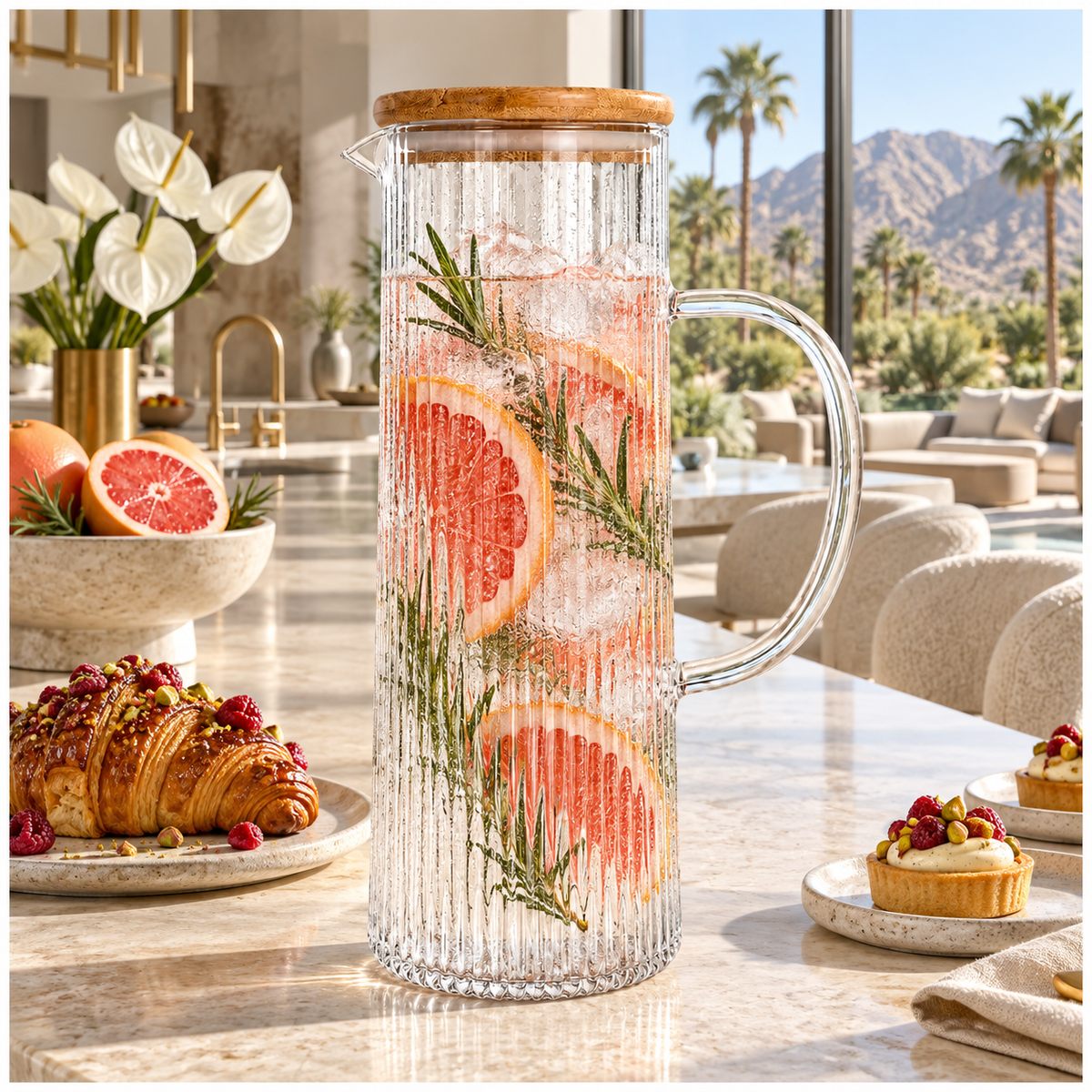 Elegant 1.2L Ribbed Crystal Glass Water Pitcher with Airtight Wooden Lid