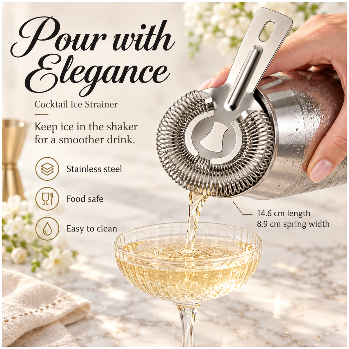 Stainless Steel Cocktail Ice Strainer - Silver Spring Coil - 14 cm