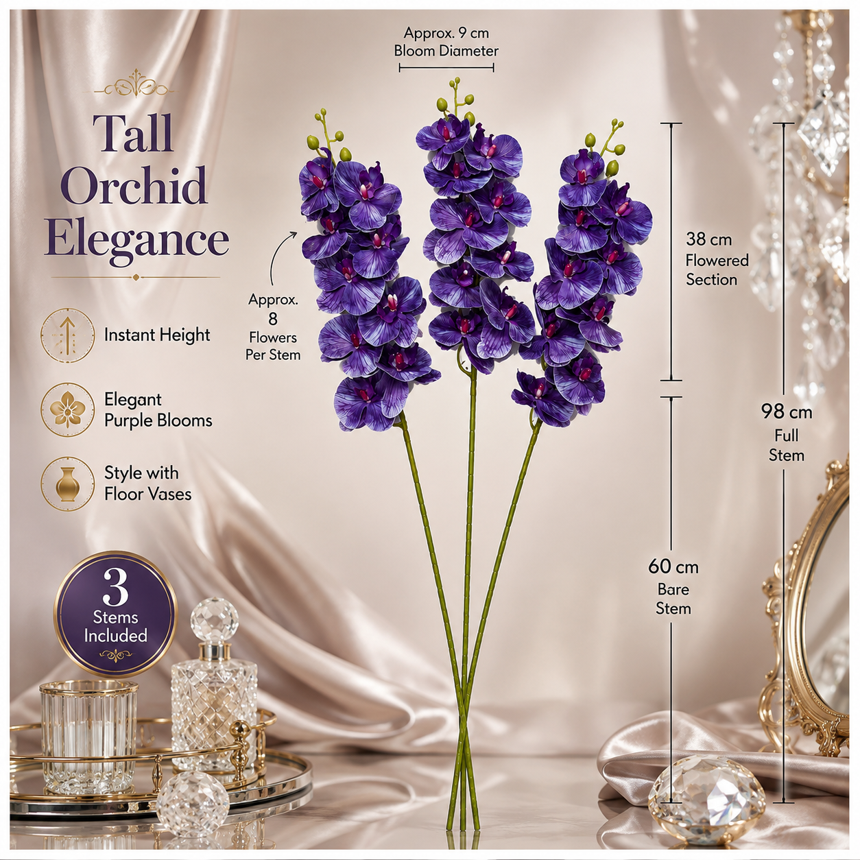 3 Piece Decorative Orchid Stem Set – Beautiful Tall Flowers -98 cm