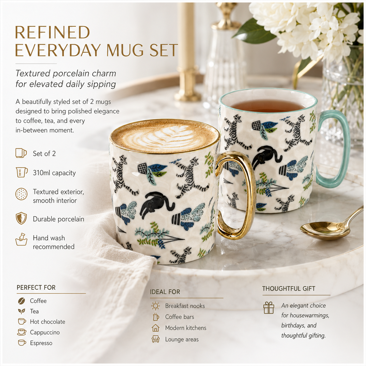 2-Piece Textured Porcelain Coffee Mug Set – 310ml Floral Cat Design