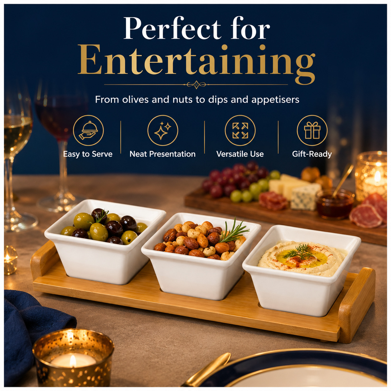 4 Piece Beauitiful Ceramic Snack Bowl Set with Wooden Serving Board- 34 cm