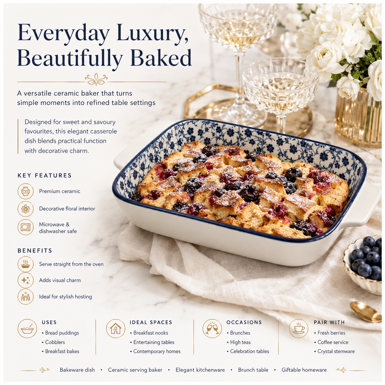 Elegant Navy Floral Ceramic Casserole Dish – 27.4cm - Blue and White
