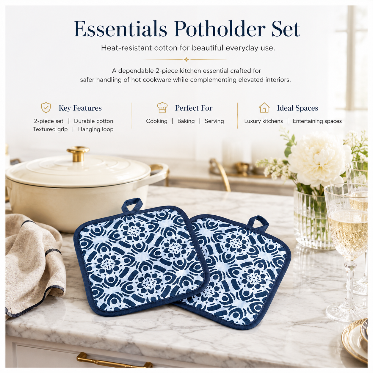 2-Piece Heat-Resistant Cotton Kitchen Potholder Set –Blue and White- 20 cm