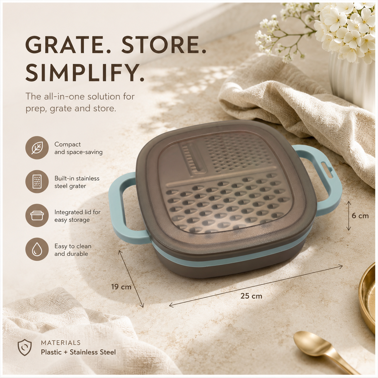 Essential 2-in-1 Stainless Steel Box Grater with Storage Container and Lid