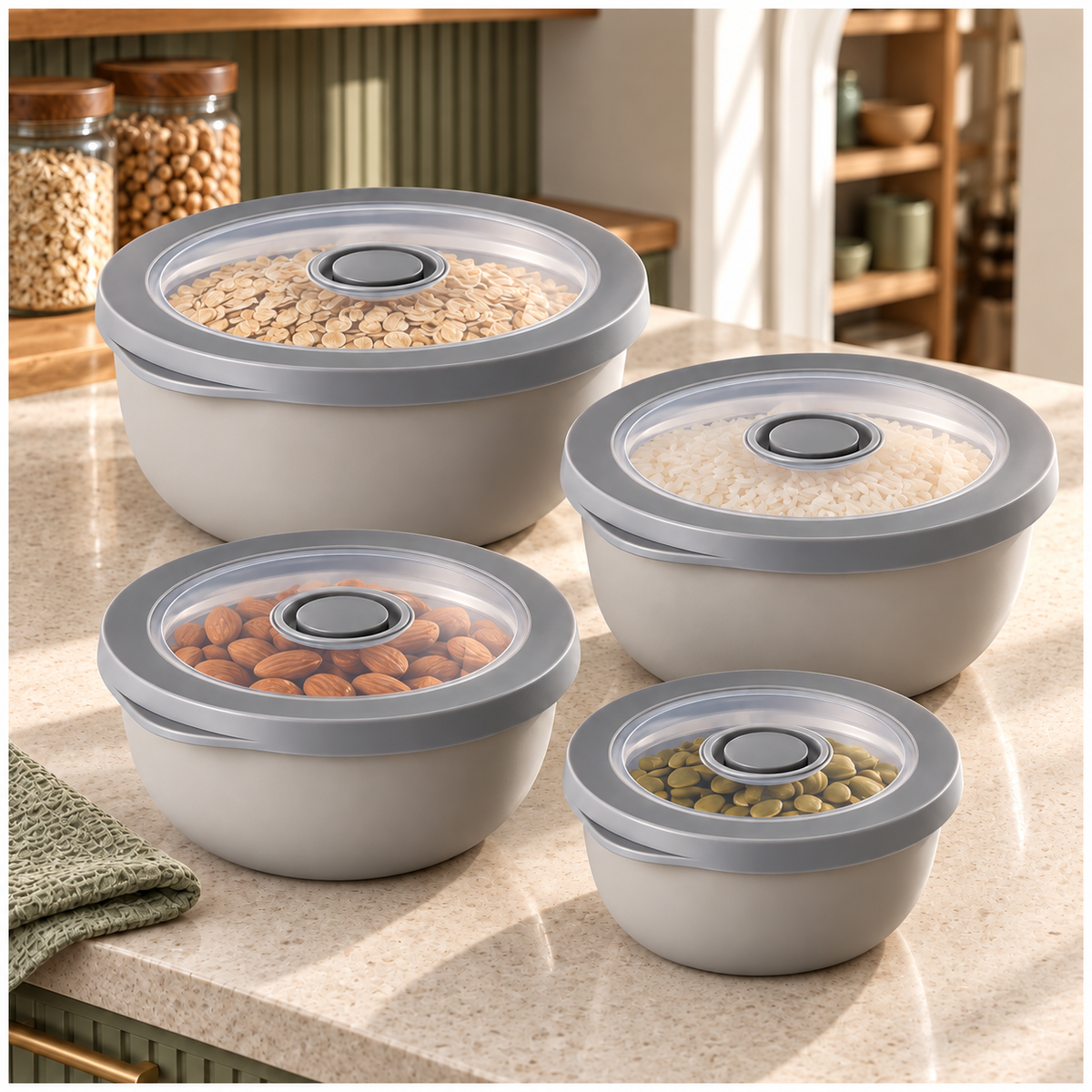 Airtight Round Food Storage Container Set of 4 – Grey, Clear Lids, BPA-Free