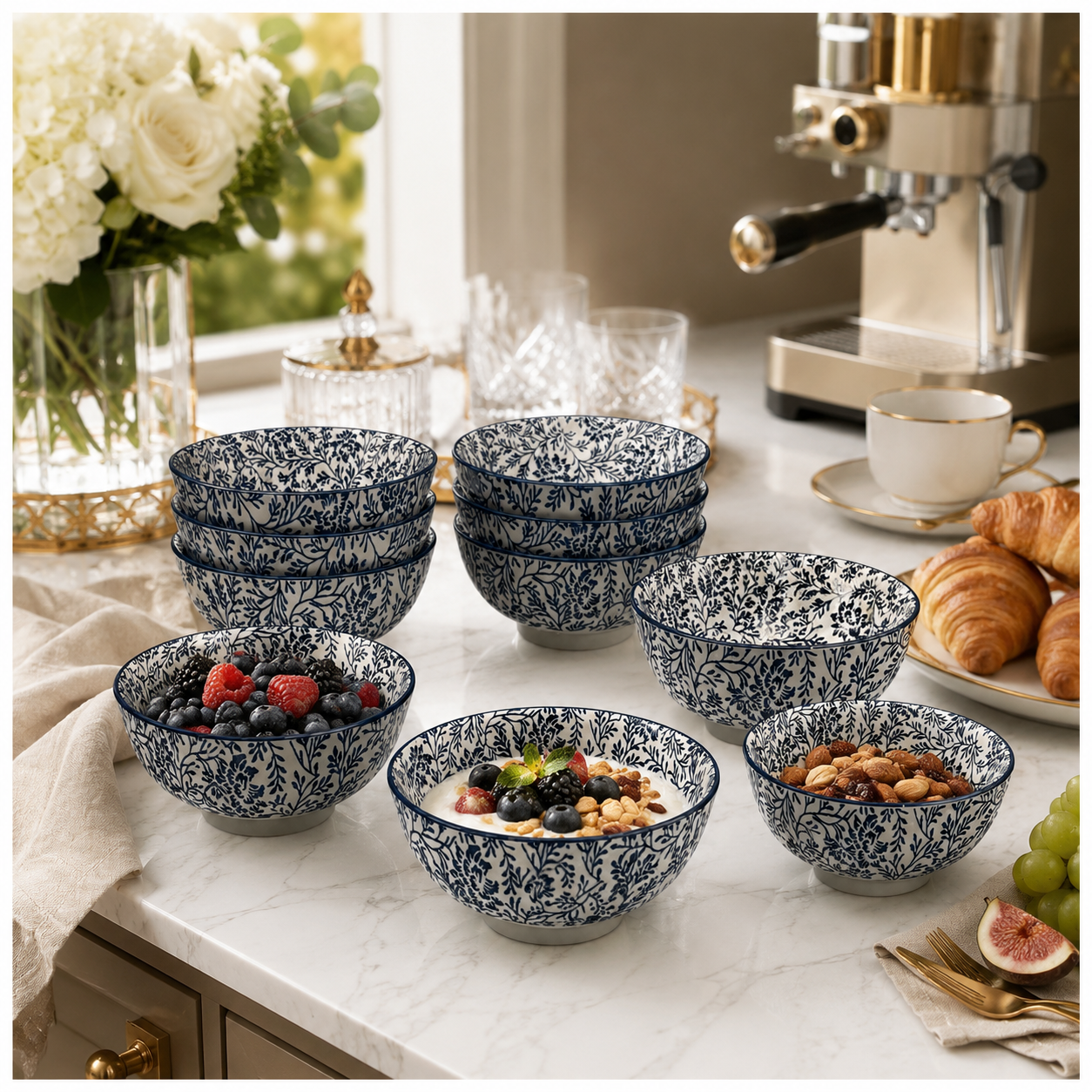 Elegant 8-Piece Blue Floral Porcelain Bowl Set – 13 cm